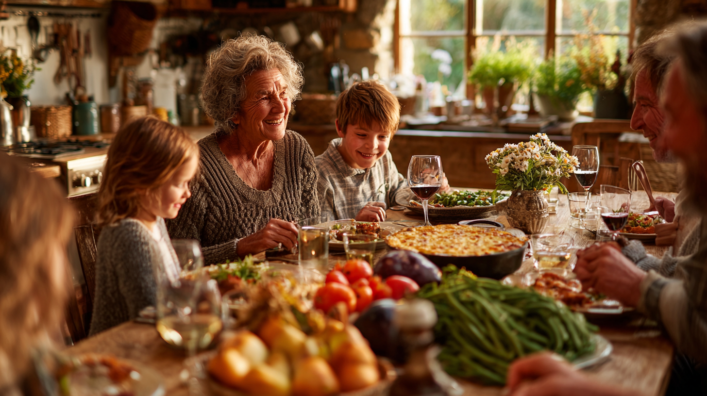 Щаслива сім'я за столом з здоровою їжею